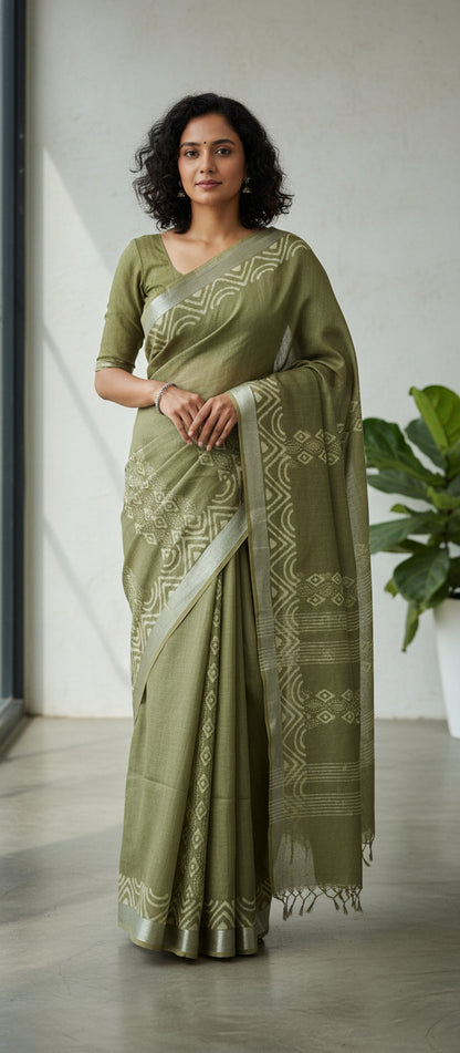 Block Print Methi Green Linen Saree
