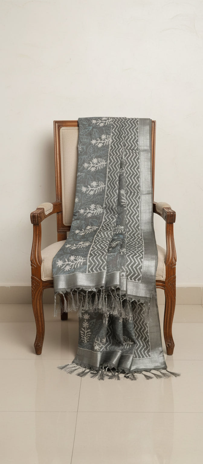 Grey Block Print Linen Saree