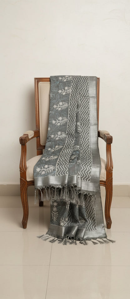 Grey Block Print Linen Saree
