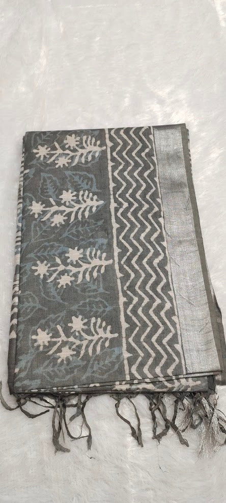 Grey Block Print Linen Saree