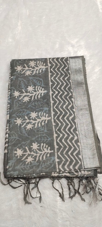 Grey Block Print Linen Saree