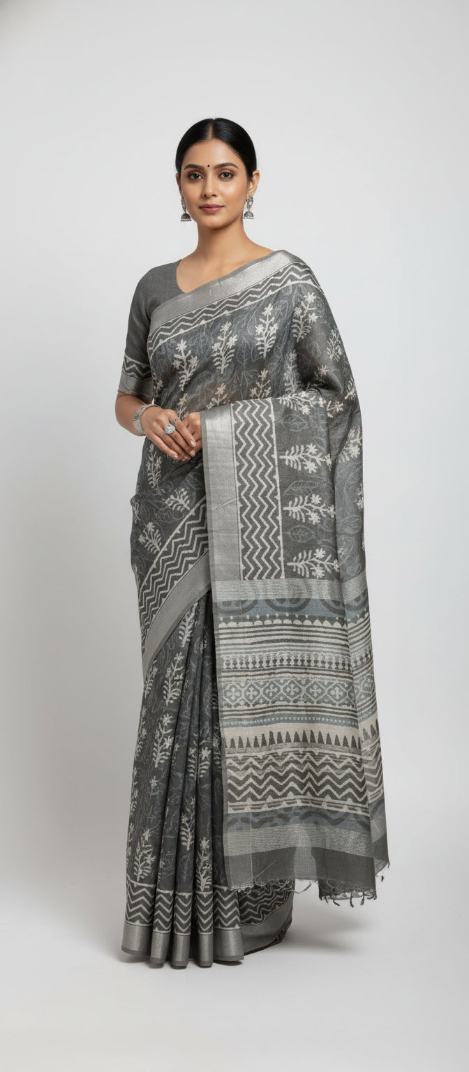 Grey Block Print Linen Saree