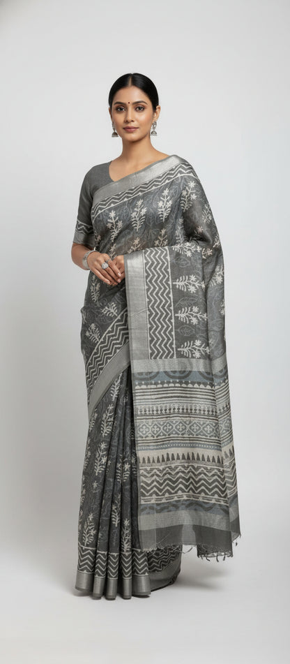 Grey Block Print Linen Saree