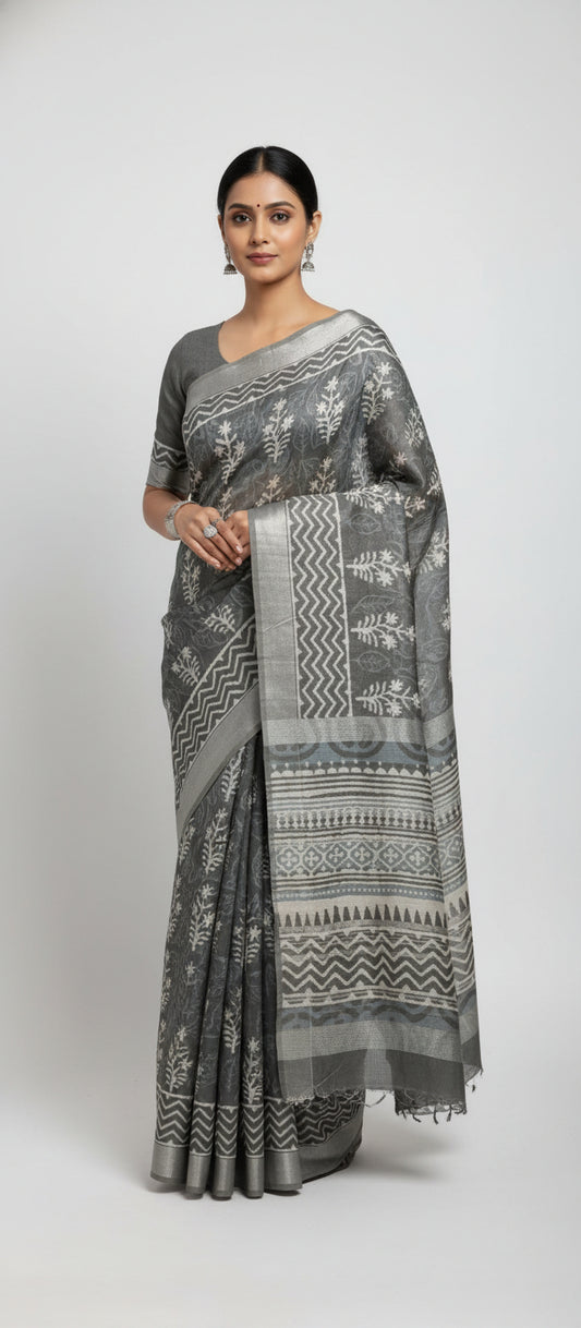 Grey Block Print Linen Saree