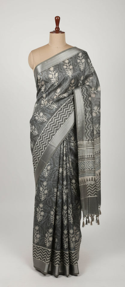 Grey Block Print Linen Saree
