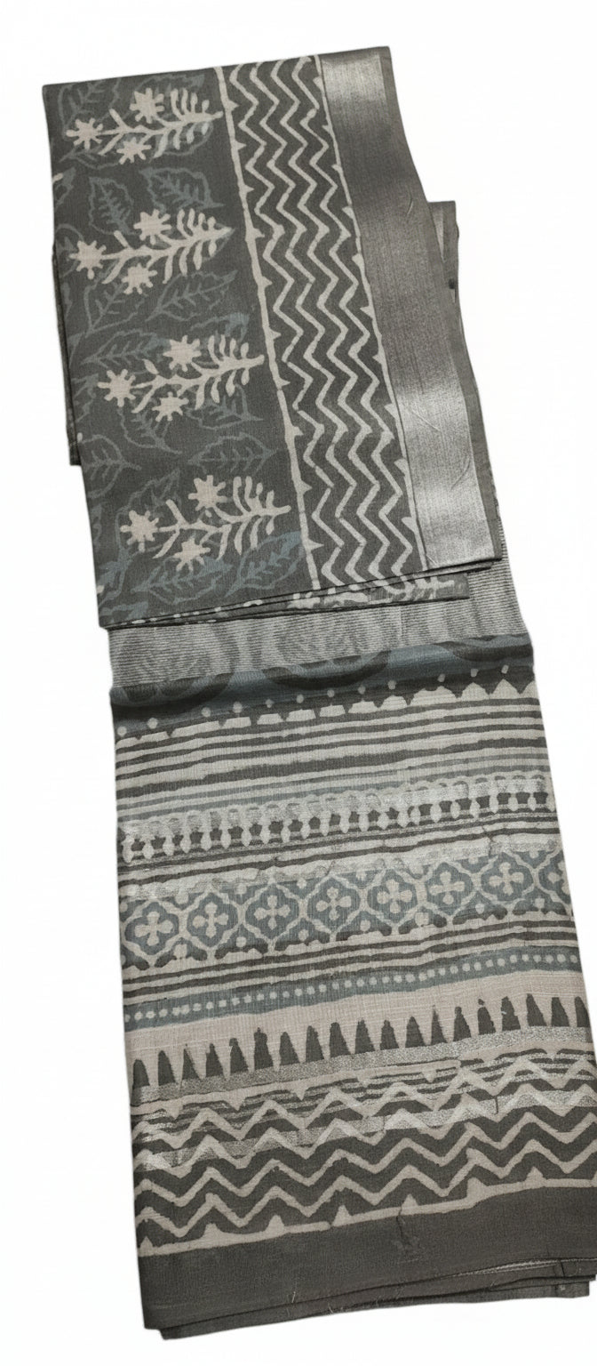 Grey Block Print Linen Saree