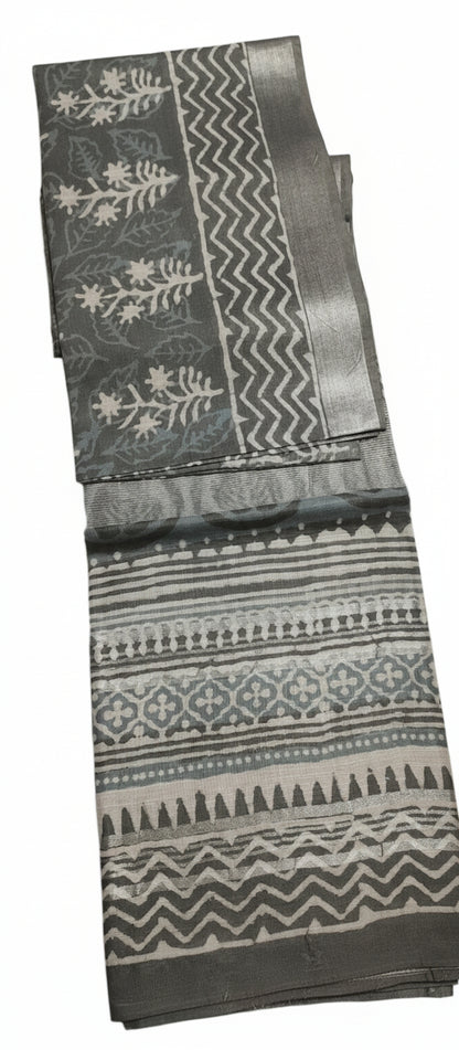 Grey Block Print Linen Saree