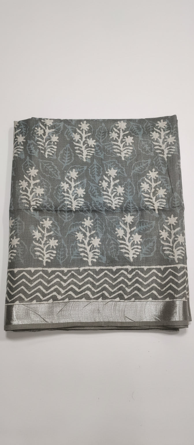 Grey Block Print Linen Saree
