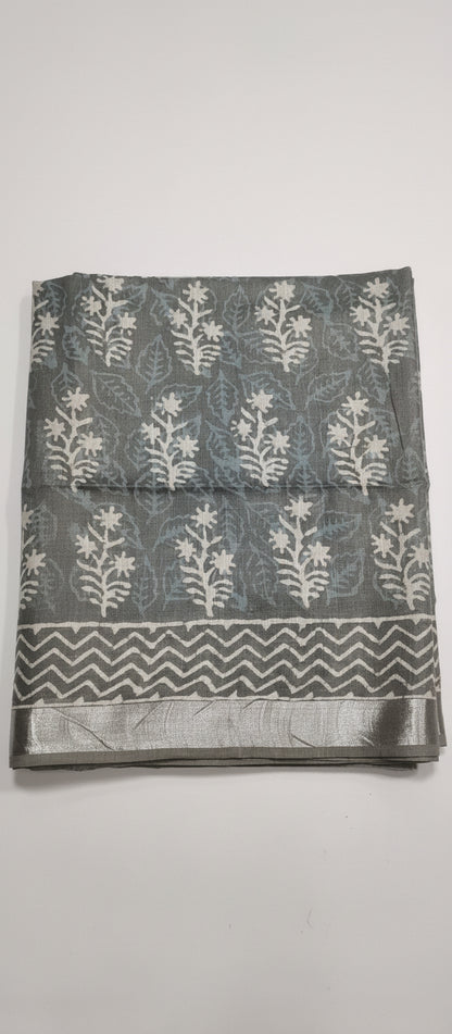 Grey Block Print Linen Saree