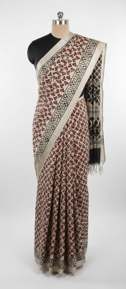 Block Print Beige Linen Saree