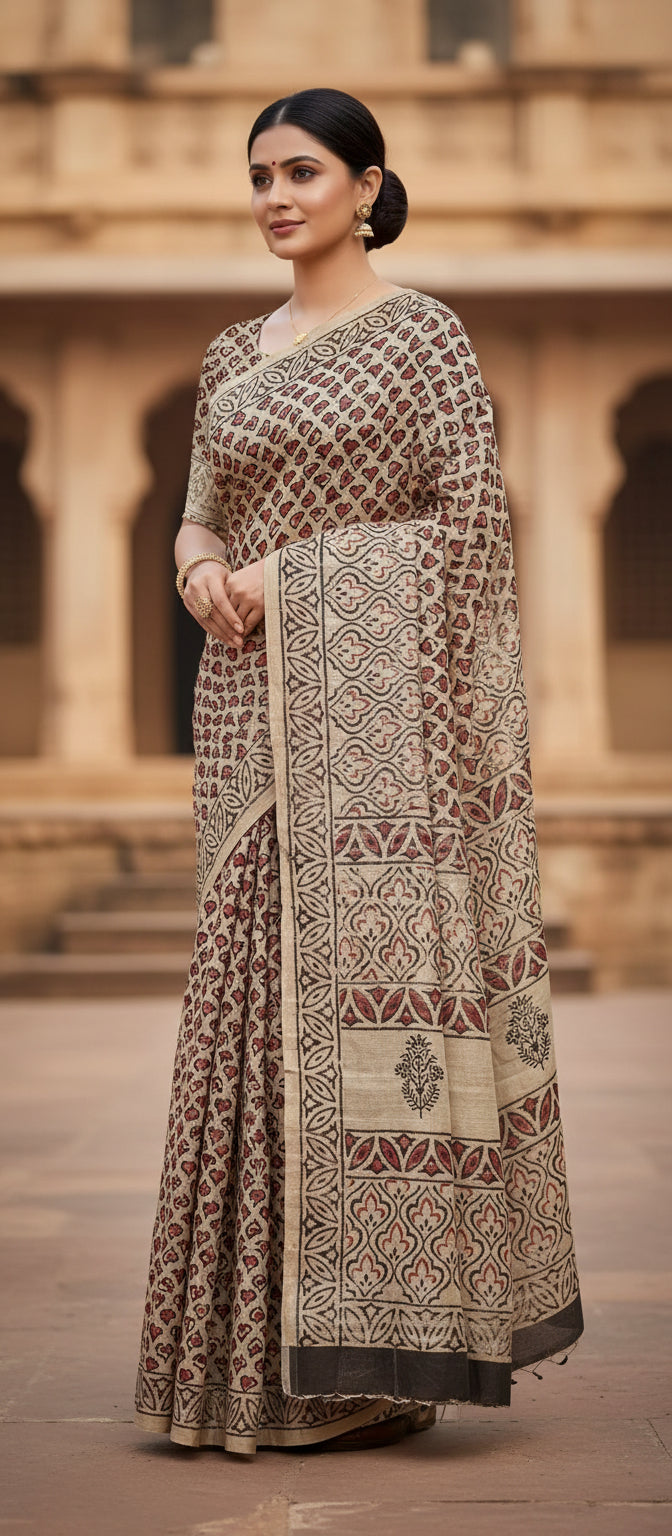 Block Print Beige Linen Saree