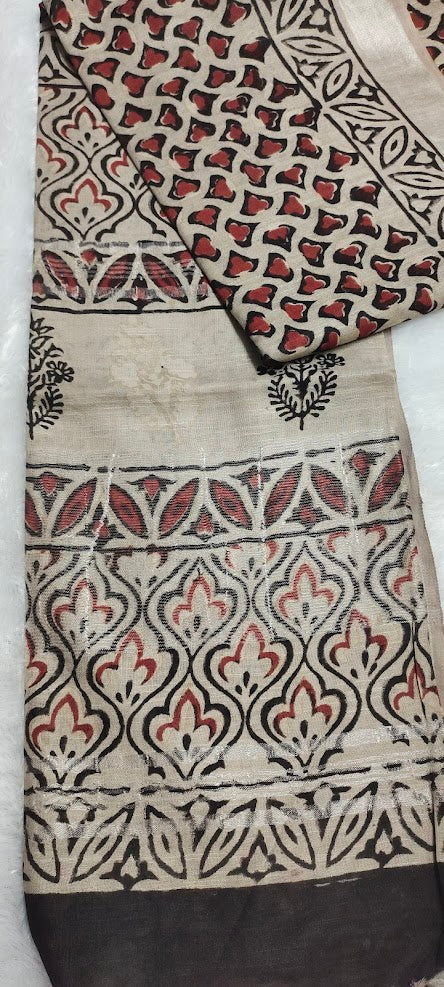 Block Print Beige Linen Saree