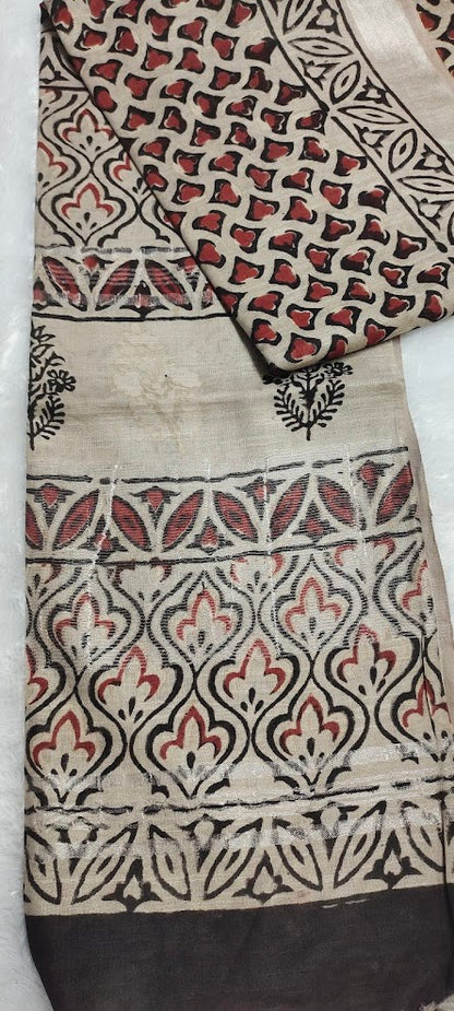 Block Print Beige Linen Saree