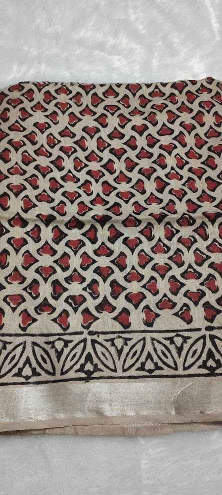 Block Print Beige Linen Saree