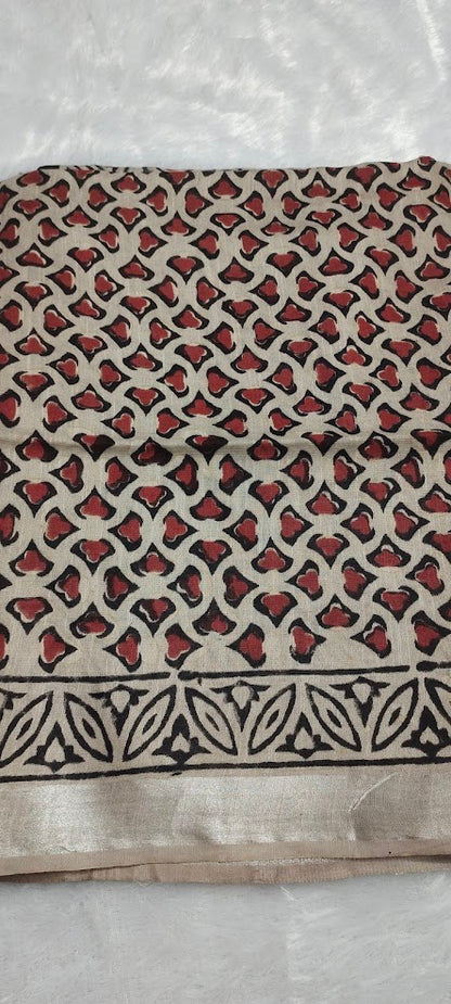 Block Print Beige Linen Saree