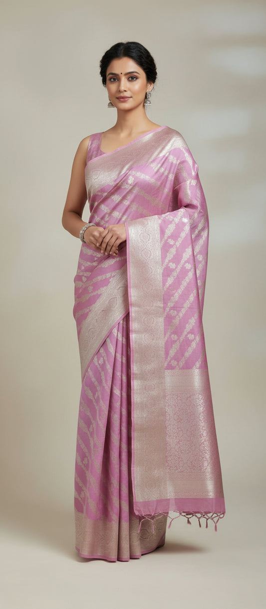 Lilac/ Pastel Light Pink Pure Banarasi Silk Saree