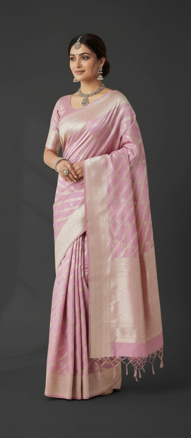Lilac/ Pastel Light Pink Pure Banarasi Silk Saree