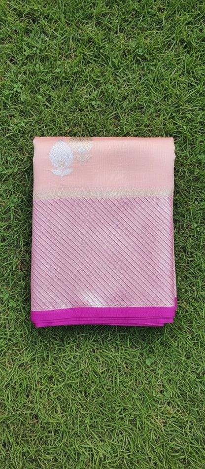 Kora Katan Pure Banarasi Peach Pink Saree