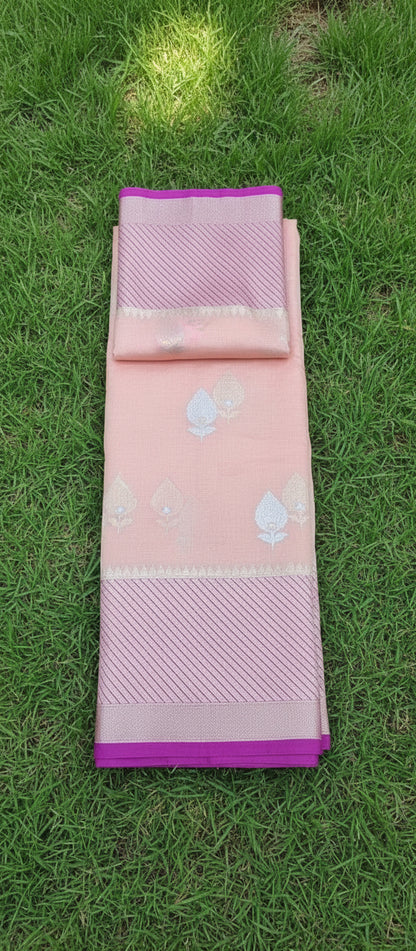 Kora Katan Pure Banarasi Peach Pink Saree