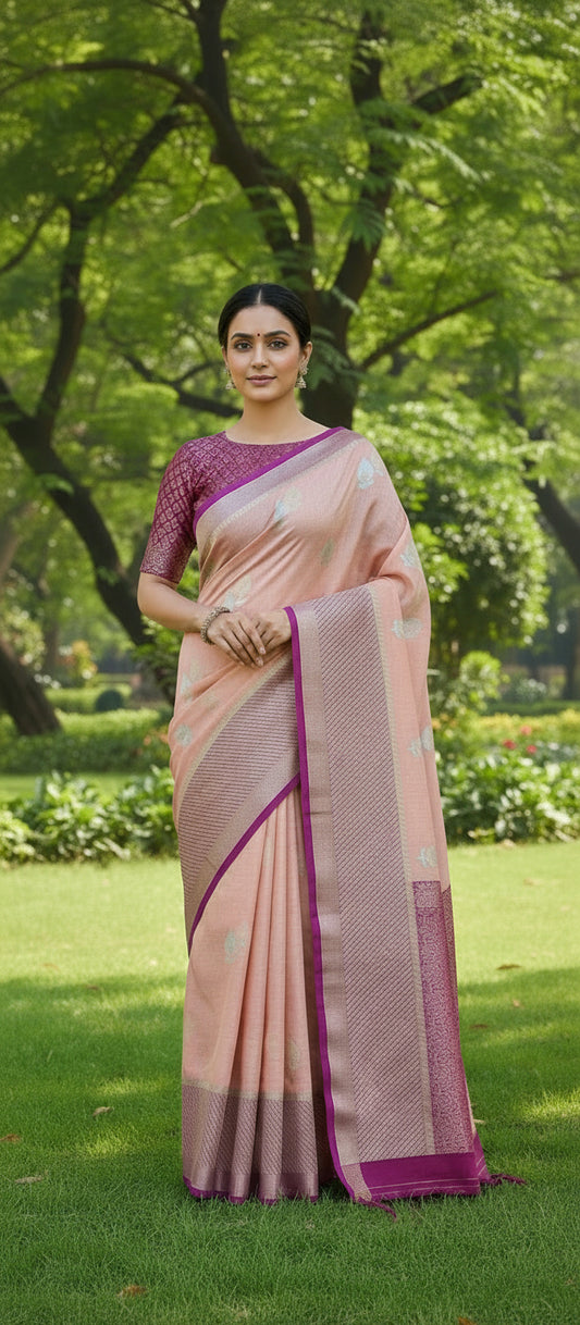 Kora Katan Pure Banarasi Peach Pink Saree