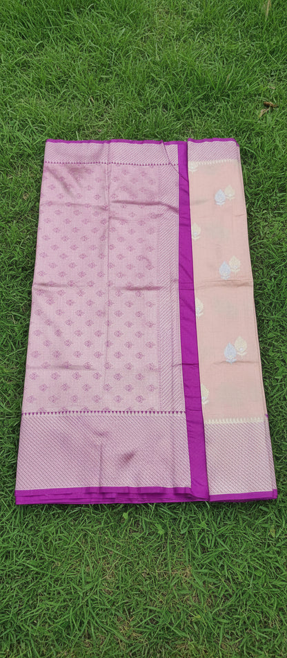 Kora Katan Pure Banarasi Peach Pink Saree