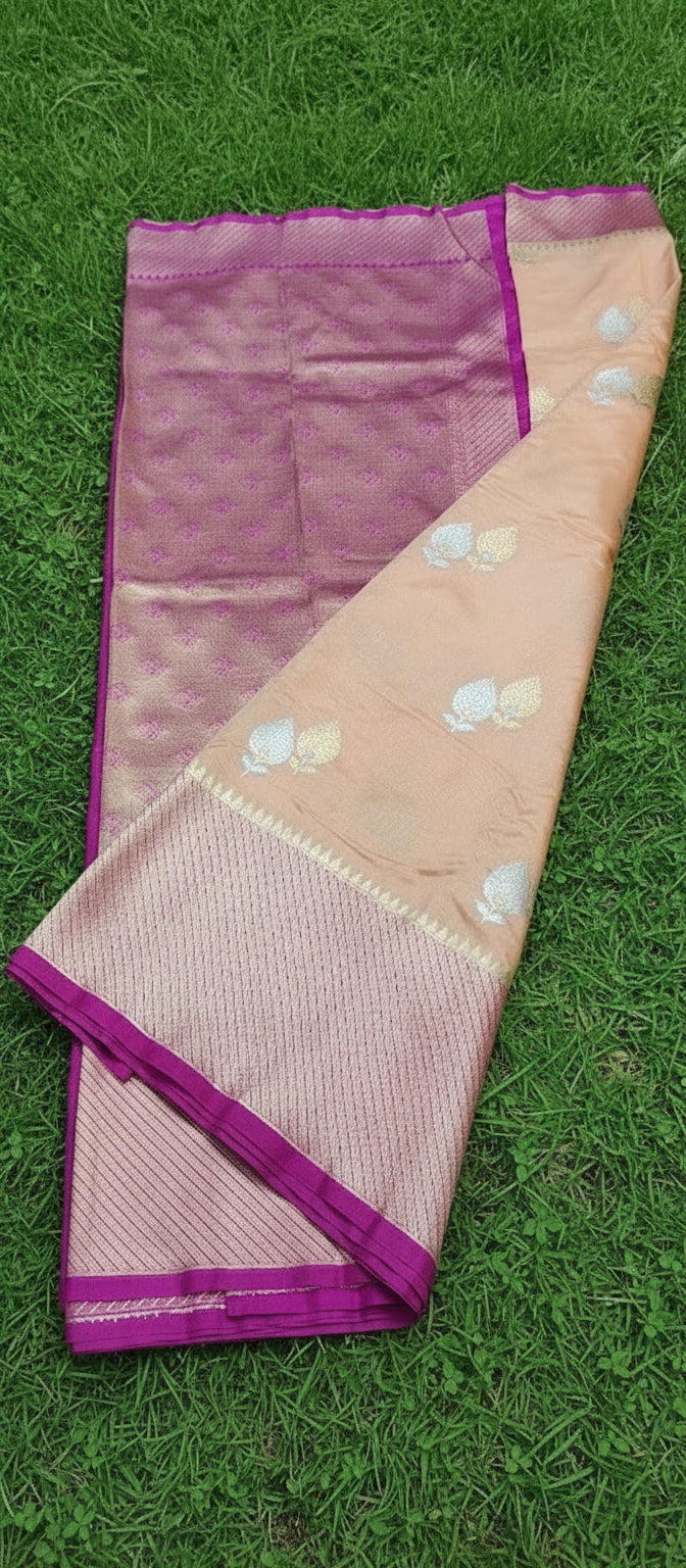Kora Katan Pure Banarasi Peach Pink Saree