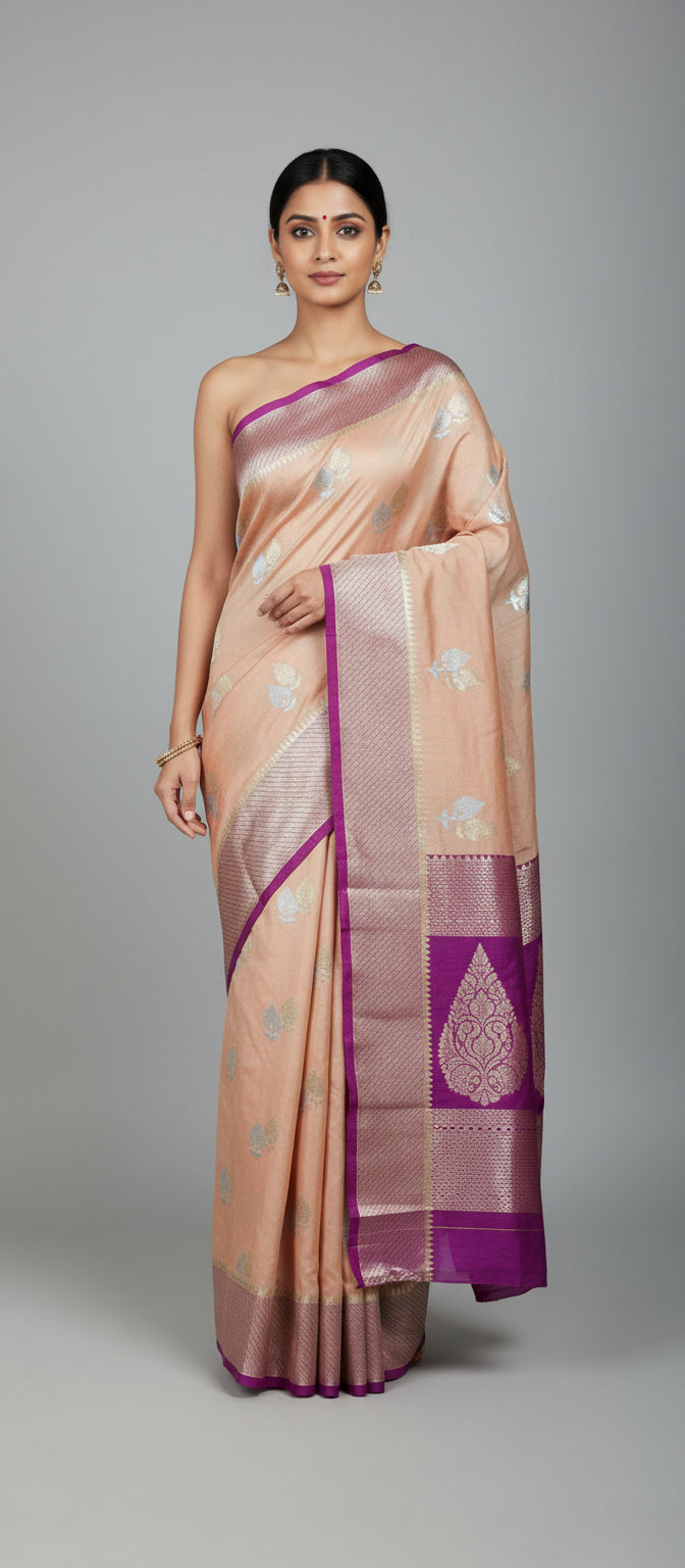 Kora Katan Pure Banarasi Peach Pink Saree
