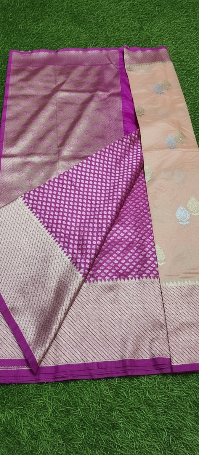 Kora Katan Pure Banarasi Peach Pink Saree