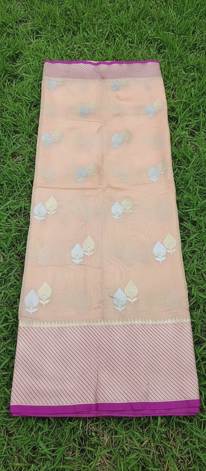 Kora Katan Pure Banarasi Peach Pink Saree