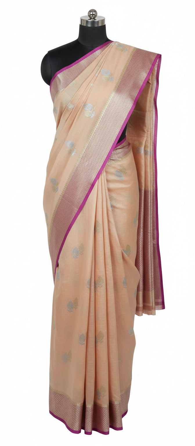 Kora Katan Pure Banarasi Peach Pink Saree