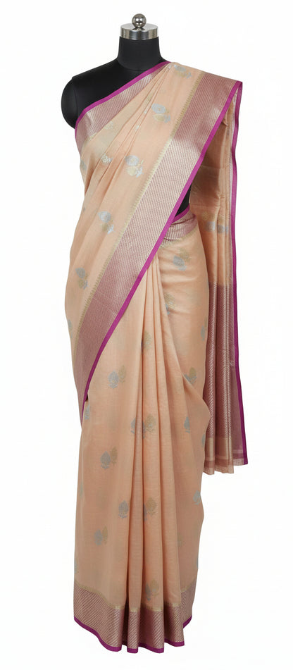 Kora Katan Pure Banarasi Peach Pink Saree