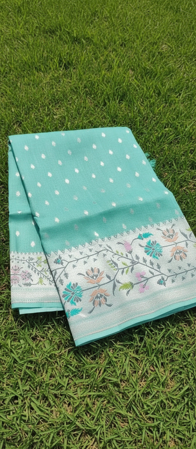 Turquoise Blue Handloom Pure Desi Tussar Saree