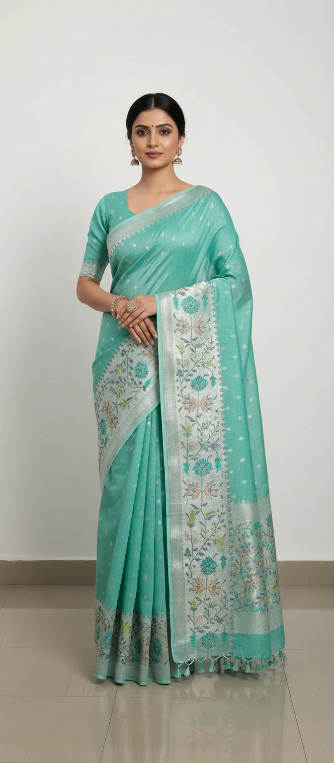 Turquoise Blue Handloom Pure Desi Tussar Saree