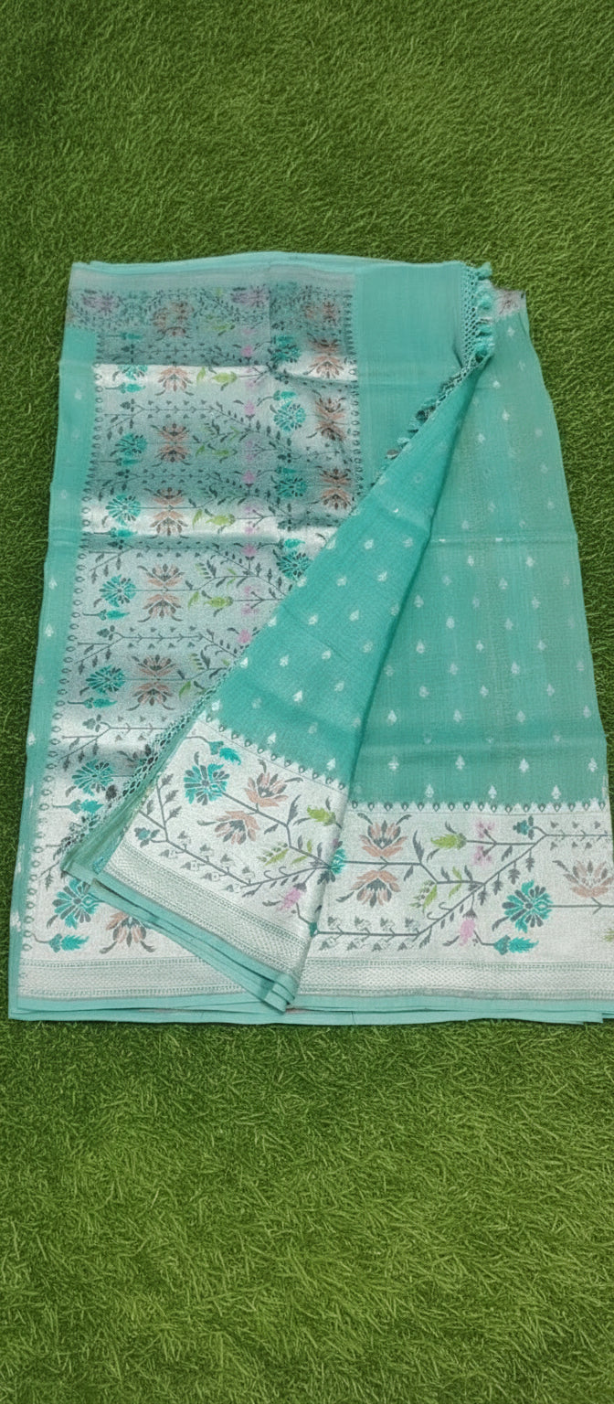 Turquoise Blue Handloom Pure Desi Tussar Saree