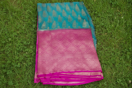 Light Blue Pink Pure Khaddi Chiffon Saree