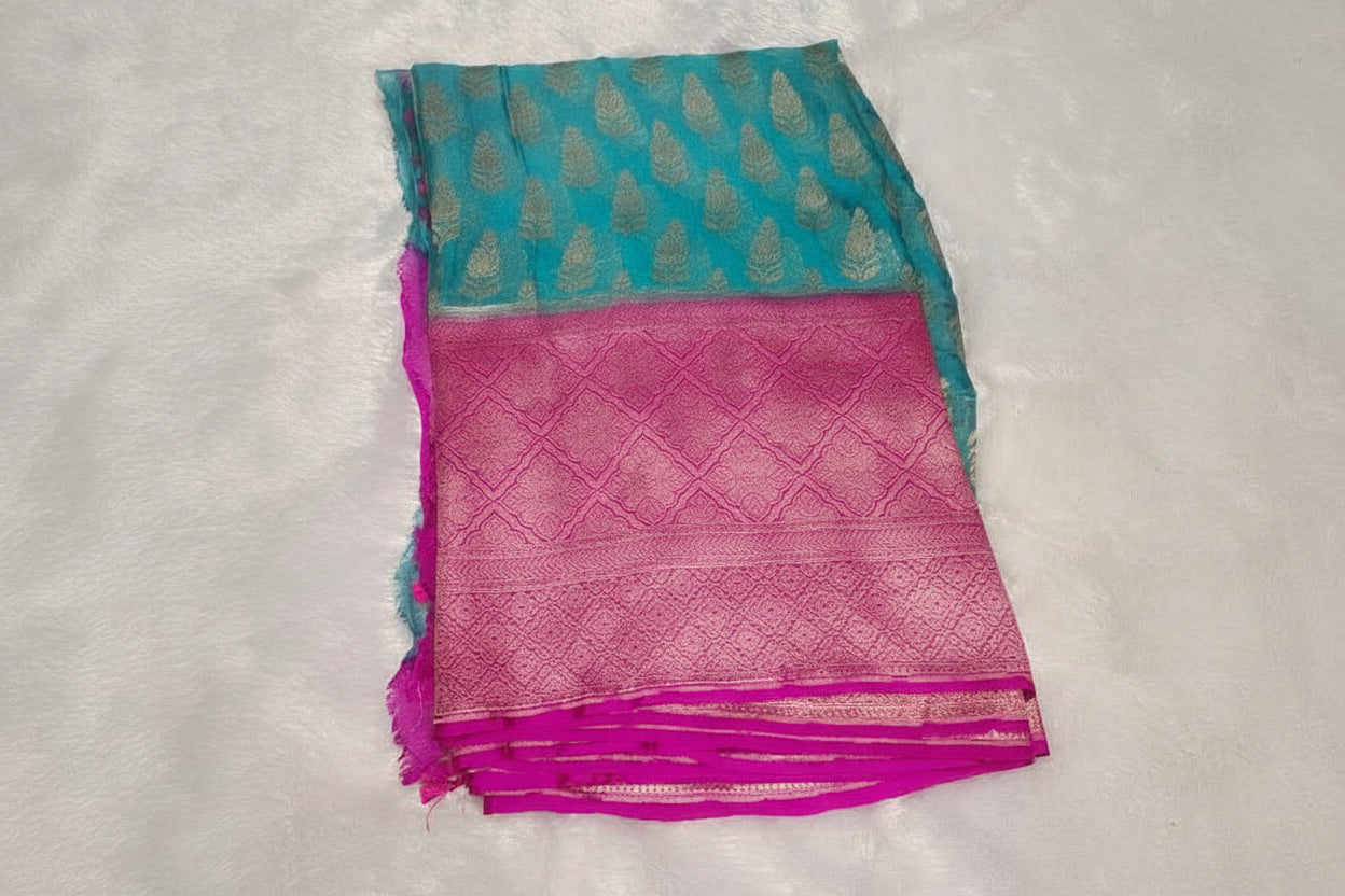 Light Blue Pink Pure Khaddi Chiffon Saree
