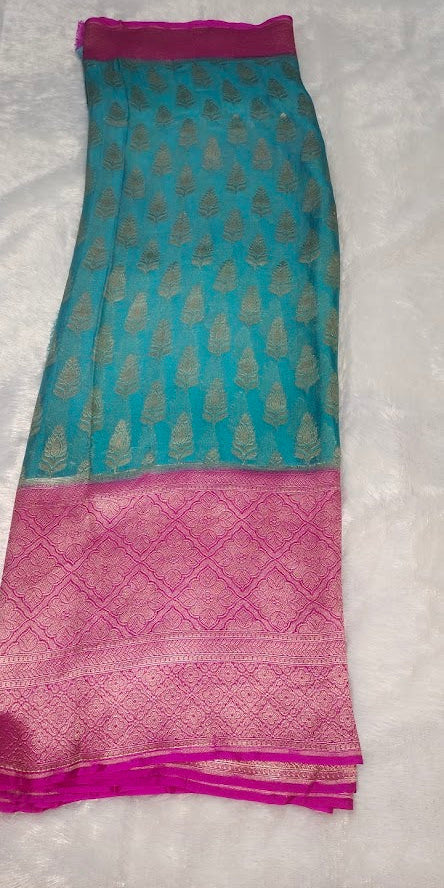 Light Blue Pink Pure Khaddi Chiffon Saree