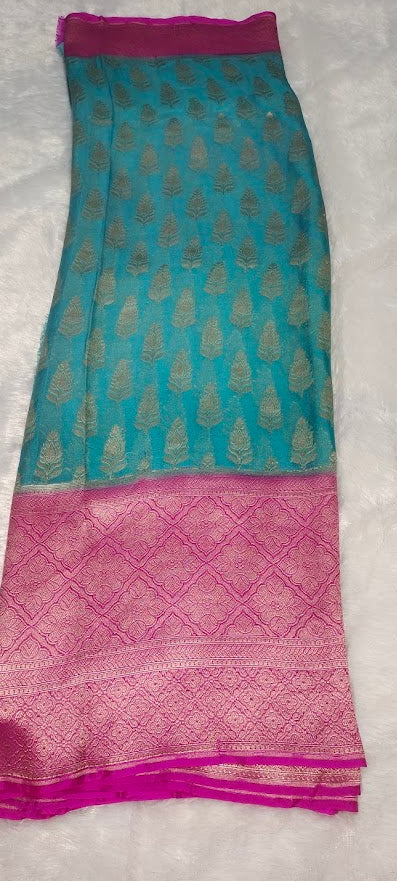 Light Blue Pink Pure Khaddi Chiffon Saree