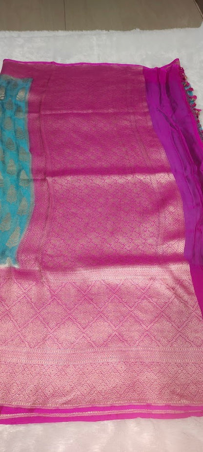Light Blue Pink Pure Khaddi Chiffon Saree