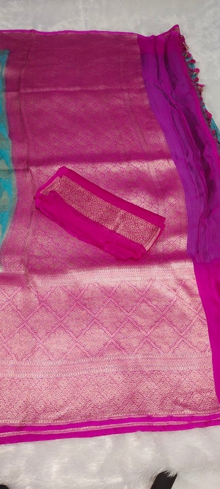 Light Blue Pink Pure Khaddi Chiffon Saree