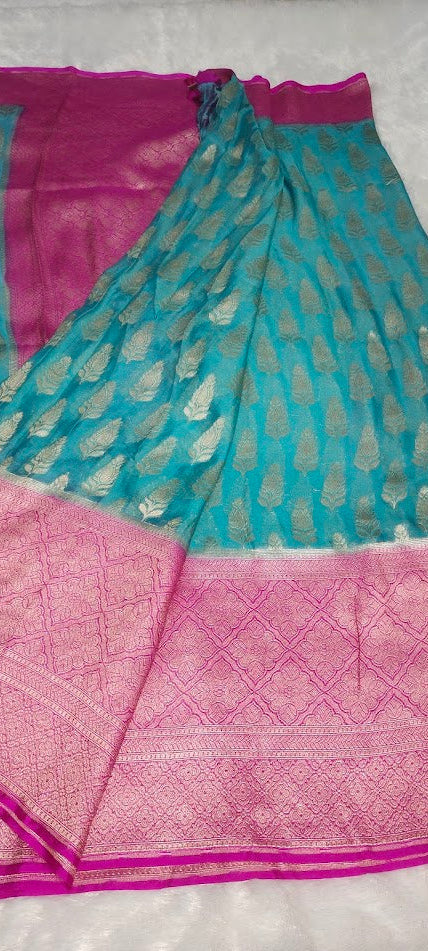 Light Blue Pink Pure Khaddi Chiffon Saree