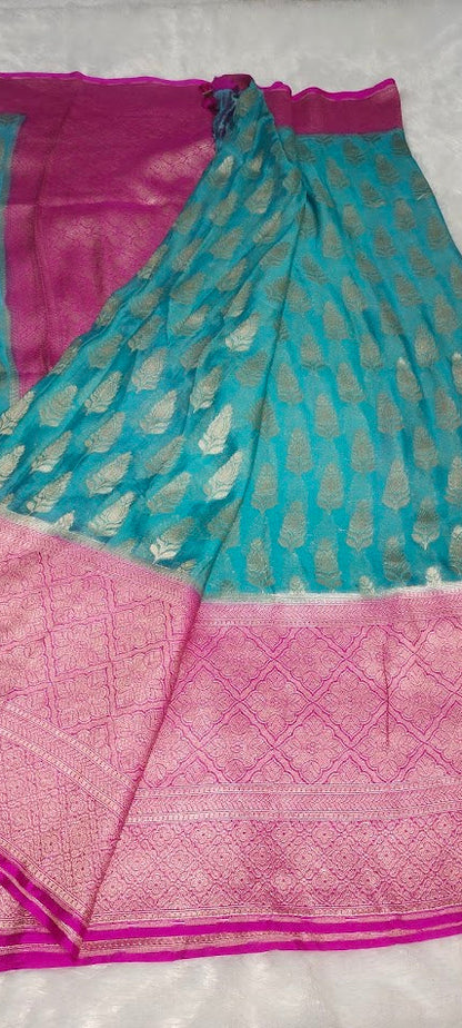 Light Blue Pink Pure Khaddi Chiffon Saree