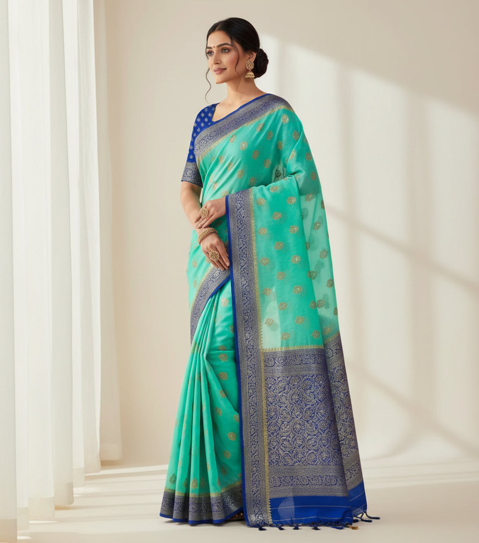 Semi Banarasi Turquoise Blue Saree