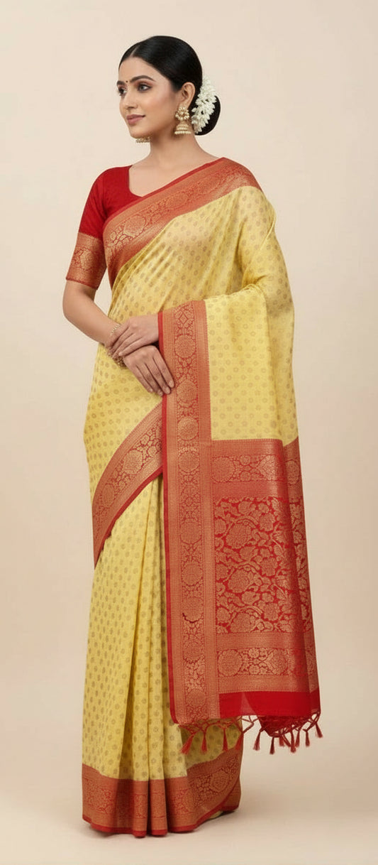 Semi Banarasi Light Pastel Yellow Saree