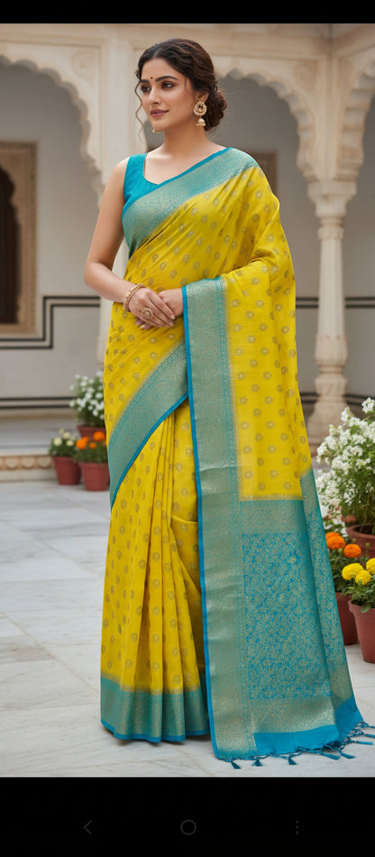 Semi Banarasi Lemon Yellow Saree