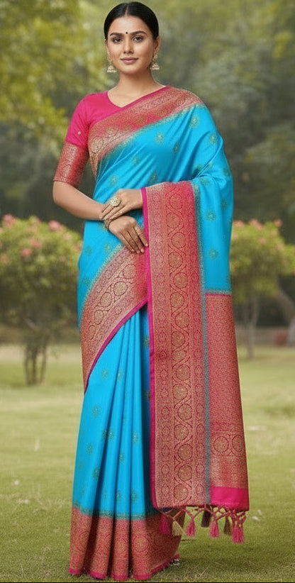 Semi Banarasi Blue Saree