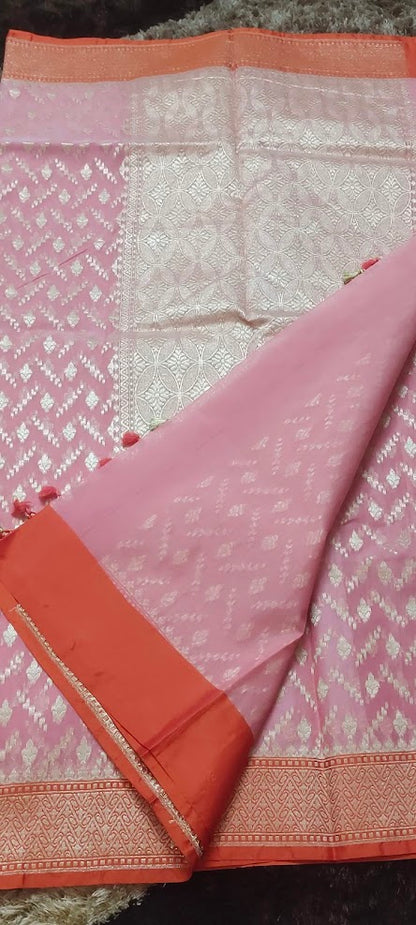 Semi Jamdani Peach Pink Saree