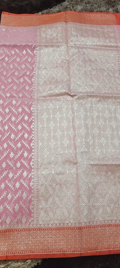 Semi Jamdani Peach Pink Saree