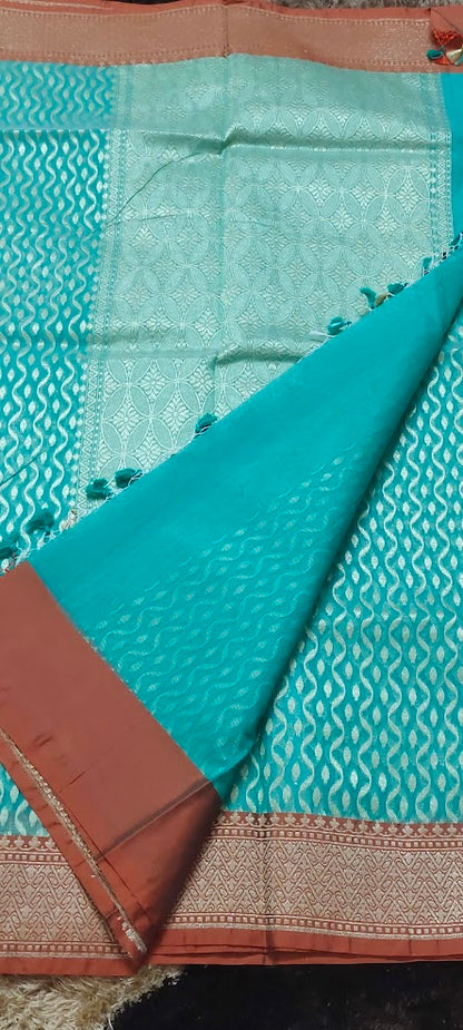 Semi Jamdani Turquoise Blue Saree