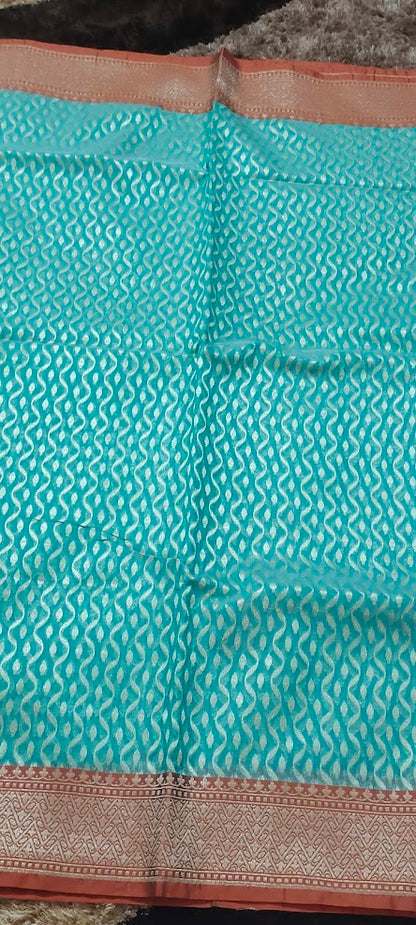 Semi Jamdani Turquoise Blue Saree